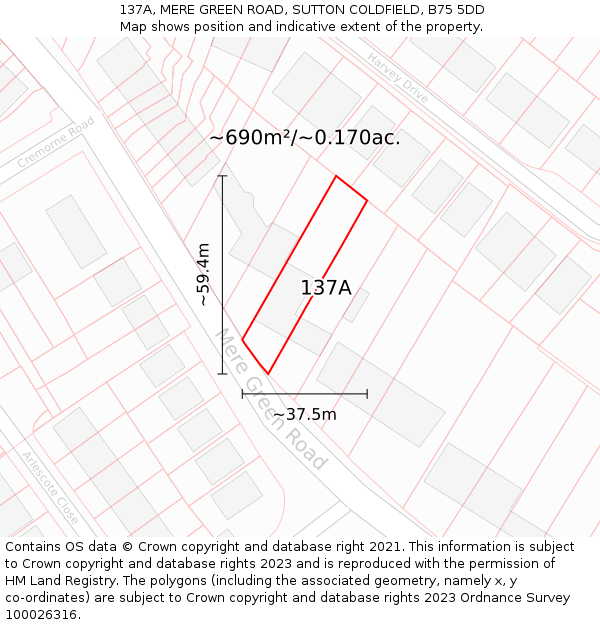 137A, MERE GREEN ROAD, SUTTON COLDFIELD, B75 5DD: Plot and title map