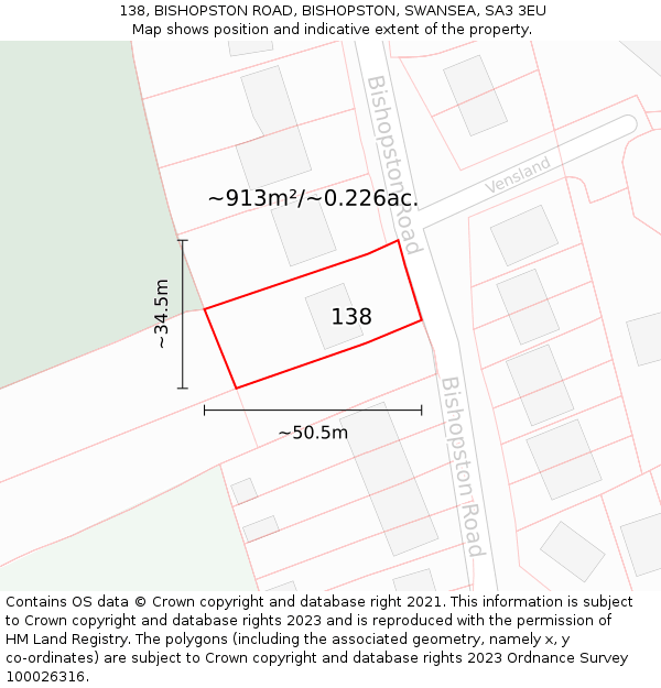 138, BISHOPSTON ROAD, BISHOPSTON, SWANSEA, SA3 3EU: Plot and title map