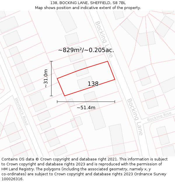 138, BOCKING LANE, SHEFFIELD, S8 7BL: Plot and title map