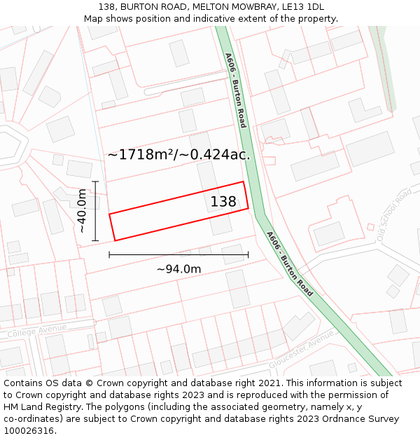 138, BURTON ROAD, MELTON MOWBRAY, LE13 1DL: Plot and title map