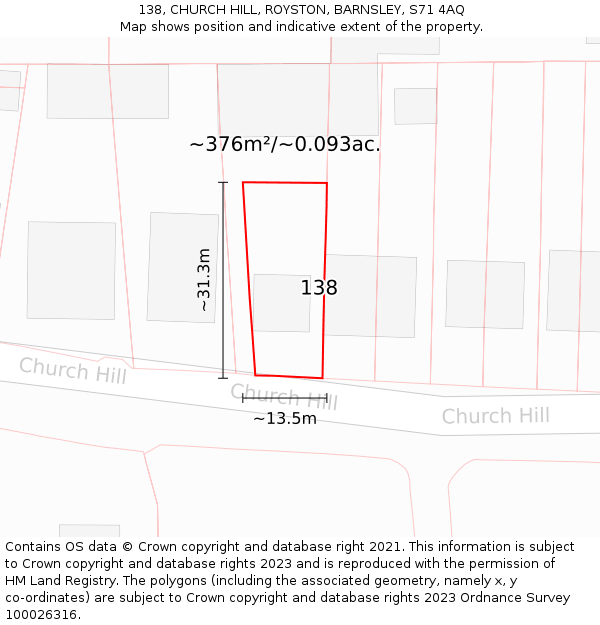 138, CHURCH HILL, ROYSTON, BARNSLEY, S71 4AQ: Plot and title map