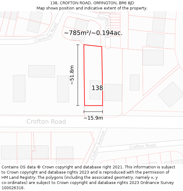 138, CROFTON ROAD, ORPINGTON, BR6 8JD: Plot and title map