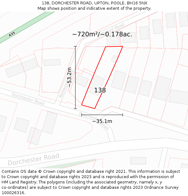 138, DORCHESTER ROAD, UPTON, POOLE, BH16 5NX: Plot and title map