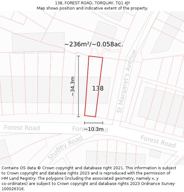 138, FOREST ROAD, TORQUAY, TQ1 4JY: Plot and title map