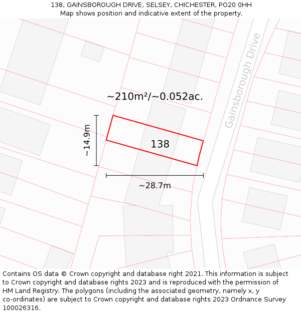 138, GAINSBOROUGH DRIVE, SELSEY, CHICHESTER, PO20 0HH: Plot and title map