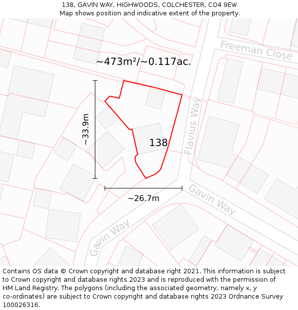 138, GAVIN WAY, HIGHWOODS, COLCHESTER, CO4 9EW: Plot and title map
