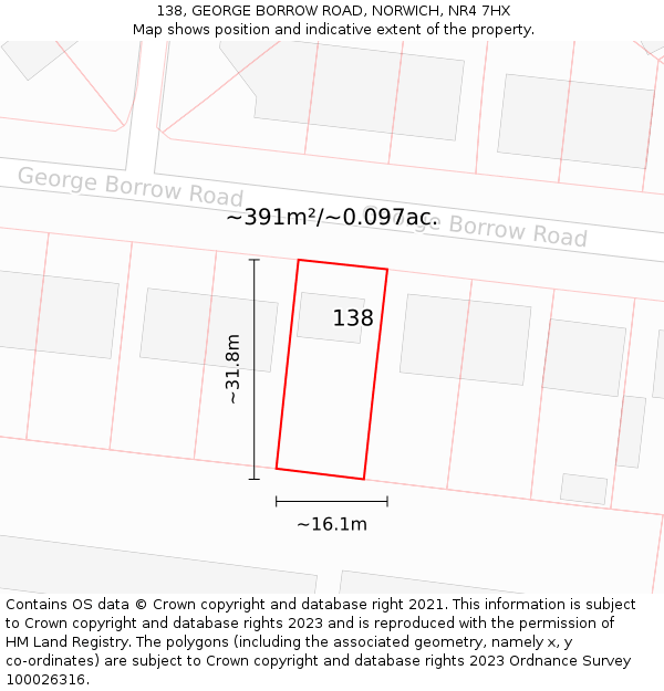 138, GEORGE BORROW ROAD, NORWICH, NR4 7HX: Plot and title map