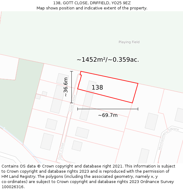 138, GOTT CLOSE, DRIFFIELD, YO25 9EZ: Plot and title map