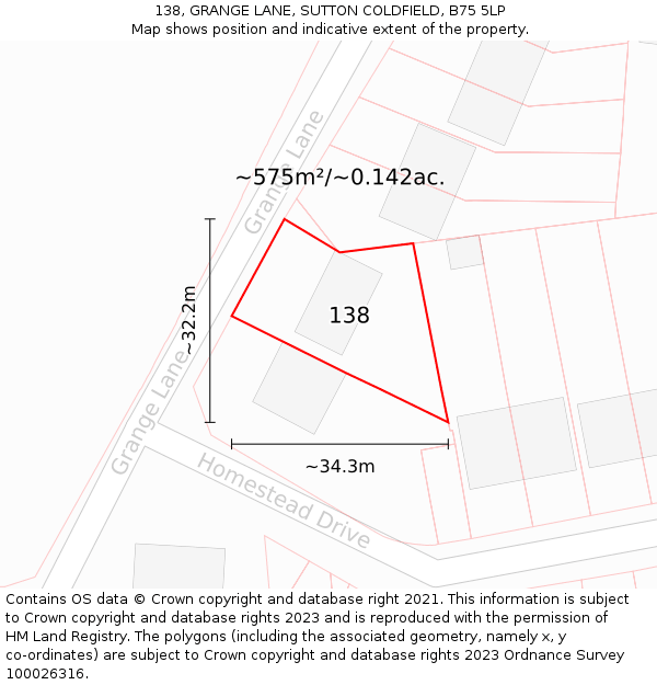 138, GRANGE LANE, SUTTON COLDFIELD, B75 5LP: Plot and title map