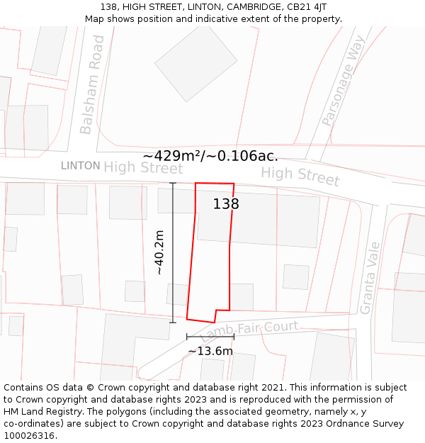 138, HIGH STREET, LINTON, CAMBRIDGE, CB21 4JT: Plot and title map