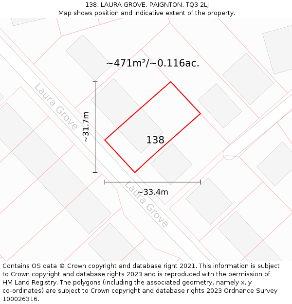 138, LAURA GROVE, PAIGNTON, TQ3 2LJ: Plot and title map