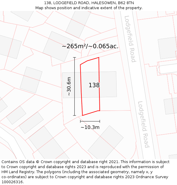 138, LODGEFIELD ROAD, HALESOWEN, B62 8TN: Plot and title map