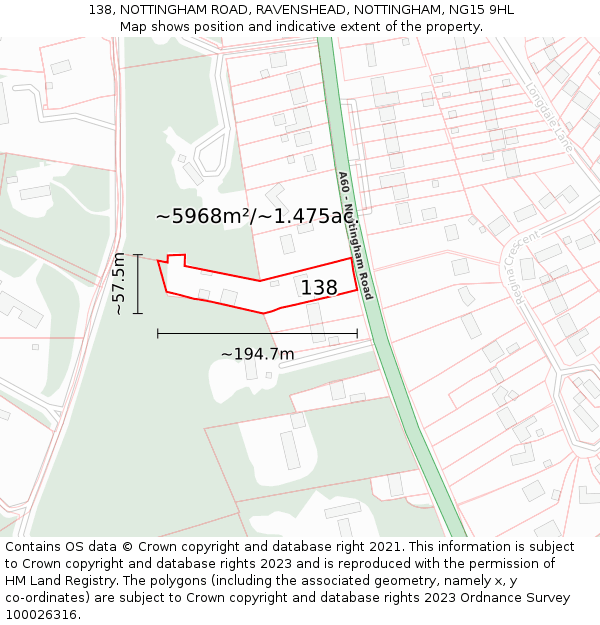 138, NOTTINGHAM ROAD, RAVENSHEAD, NOTTINGHAM, NG15 9HL: Plot and title map