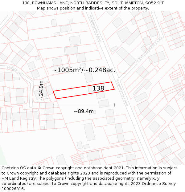 138, ROWNHAMS LANE, NORTH BADDESLEY, SOUTHAMPTON, SO52 9LT: Plot and title map