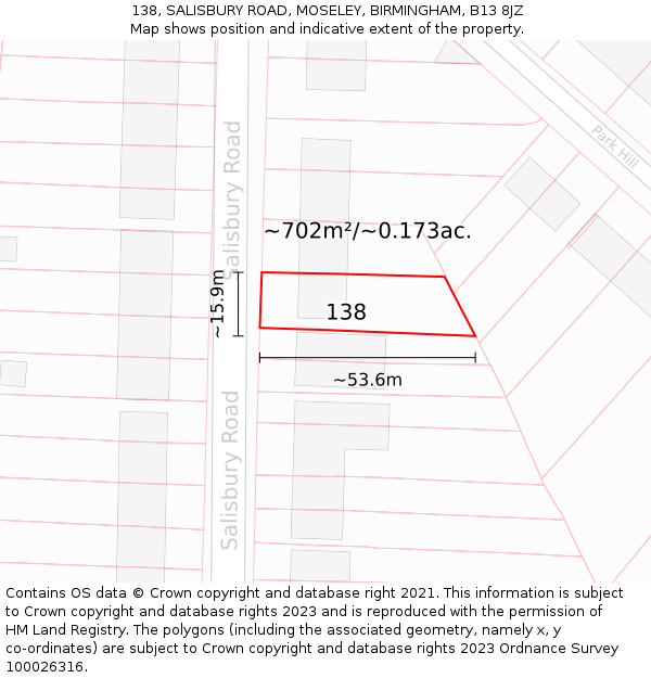 138, SALISBURY ROAD, MOSELEY, BIRMINGHAM, B13 8JZ: Plot and title map