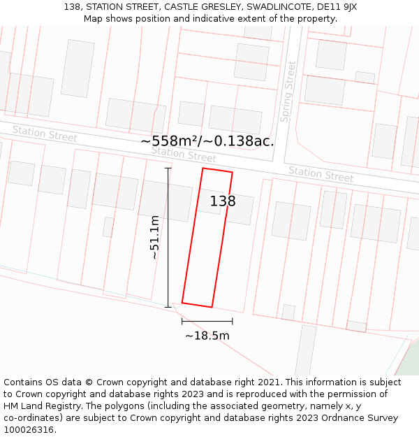138, STATION STREET, CASTLE GRESLEY, SWADLINCOTE, DE11 9JX: Plot and title map