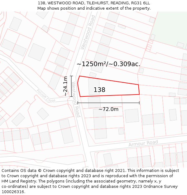 138, WESTWOOD ROAD, TILEHURST, READING, RG31 6LL: Plot and title map