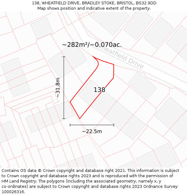 138, WHEATFIELD DRIVE, BRADLEY STOKE, BRISTOL, BS32 9DD: Plot and title map