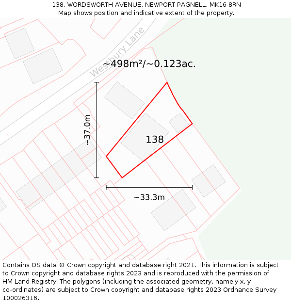 138, WORDSWORTH AVENUE, NEWPORT PAGNELL, MK16 8RN: Plot and title map