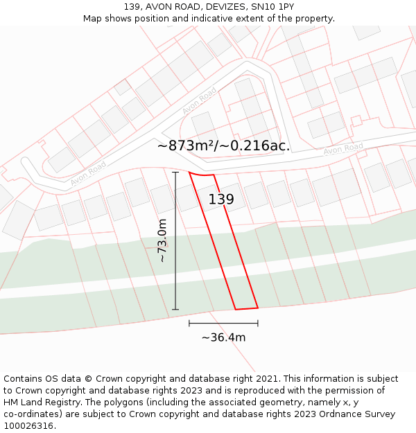 139, AVON ROAD, DEVIZES, SN10 1PY: Plot and title map