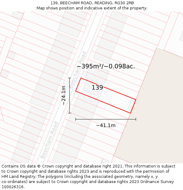 139, BEECHAM ROAD, READING, RG30 2RB: Plot and title map