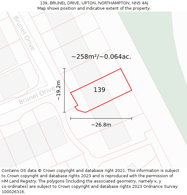 139, BRUNEL DRIVE, UPTON, NORTHAMPTON, NN5 4AJ: Plot and title map