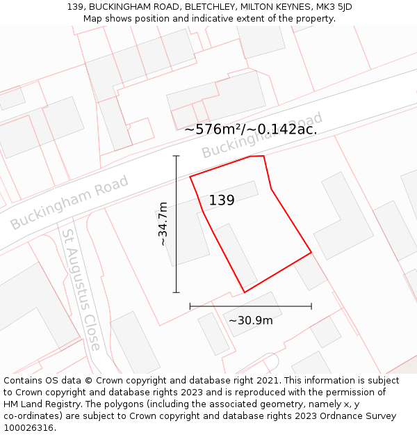 139, BUCKINGHAM ROAD, BLETCHLEY, MILTON KEYNES, MK3 5JD: Plot and title map
