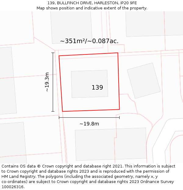 139, BULLFINCH DRIVE, HARLESTON, IP20 9FE: Plot and title map