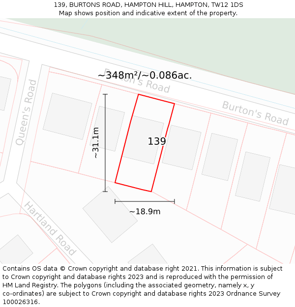 139, BURTONS ROAD, HAMPTON HILL, HAMPTON, TW12 1DS: Plot and title map