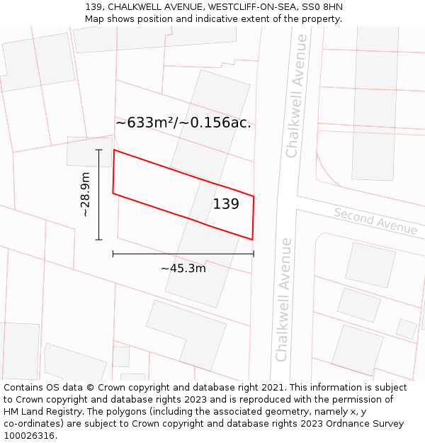 139, CHALKWELL AVENUE, WESTCLIFF-ON-SEA, SS0 8HN: Plot and title map