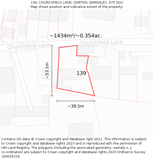 139, CHURCHFIELD LANE, DARTON, BARNSLEY, S75 5DU: Plot and title map
