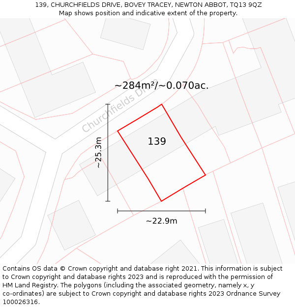 139, CHURCHFIELDS DRIVE, BOVEY TRACEY, NEWTON ABBOT, TQ13 9QZ: Plot and title map