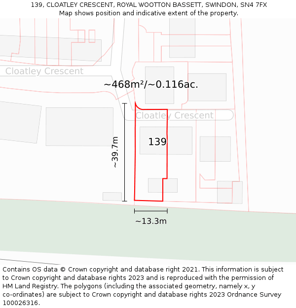139, CLOATLEY CRESCENT, ROYAL WOOTTON BASSETT, SWINDON, SN4 7FX: Plot and title map
