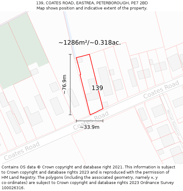 139, COATES ROAD, EASTREA, PETERBOROUGH, PE7 2BD: Plot and title map