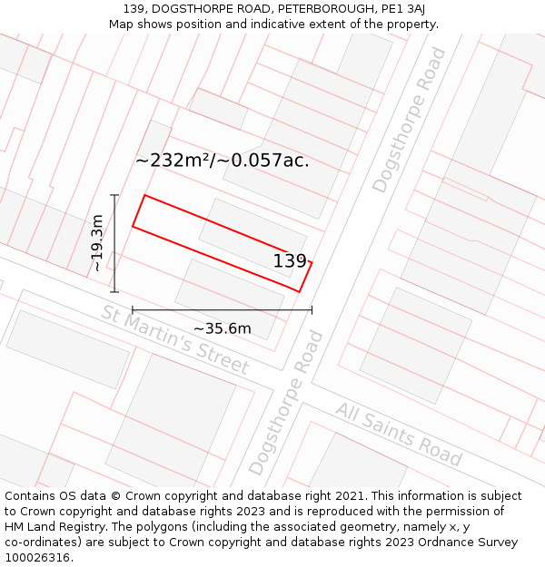 139, DOGSTHORPE ROAD, PETERBOROUGH, PE1 3AJ: Plot and title map