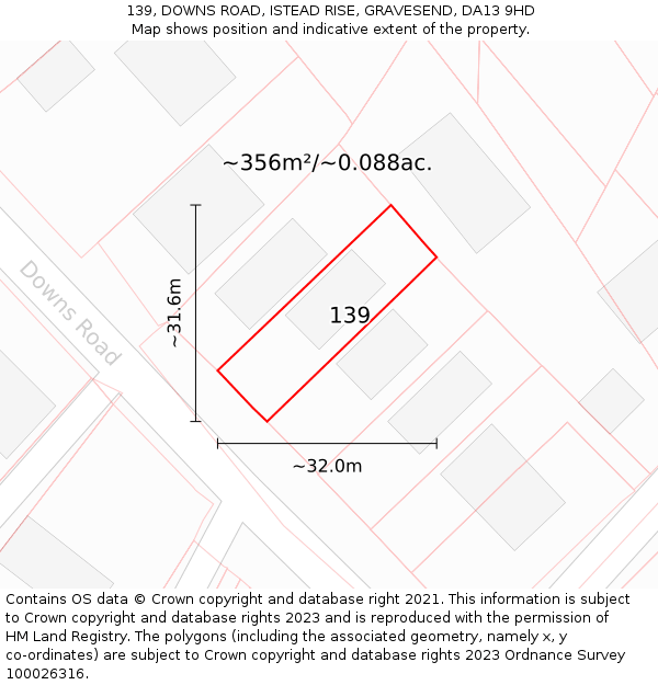 139, DOWNS ROAD, ISTEAD RISE, GRAVESEND, DA13 9HD: Plot and title map