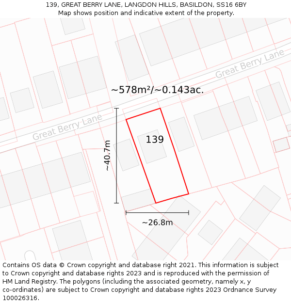139, GREAT BERRY LANE, LANGDON HILLS, BASILDON, SS16 6BY: Plot and title map