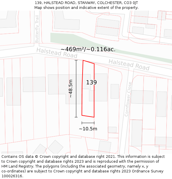 139, HALSTEAD ROAD, STANWAY, COLCHESTER, CO3 0JT: Plot and title map