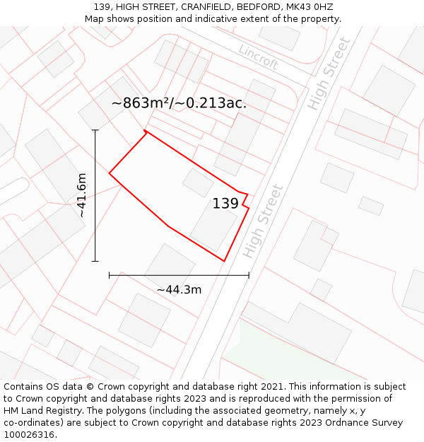 139, HIGH STREET, CRANFIELD, BEDFORD, MK43 0HZ: Plot and title map