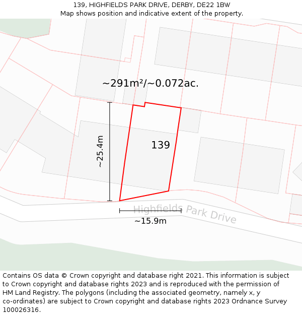 139, HIGHFIELDS PARK DRIVE, DERBY, DE22 1BW: Plot and title map