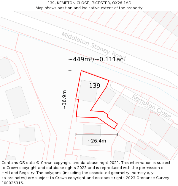139, KEMPTON CLOSE, BICESTER, OX26 1AD: Plot and title map