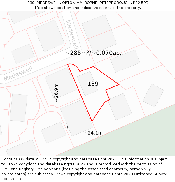139, MEDESWELL, ORTON MALBORNE, PETERBOROUGH, PE2 5PD: Plot and title map