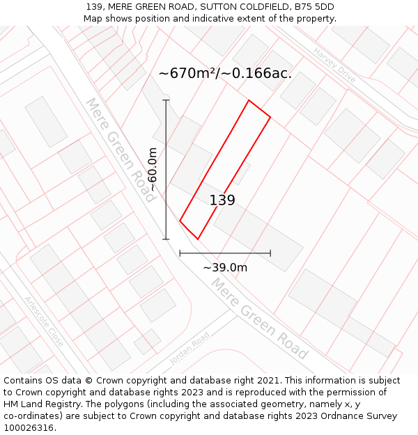 139, MERE GREEN ROAD, SUTTON COLDFIELD, B75 5DD: Plot and title map