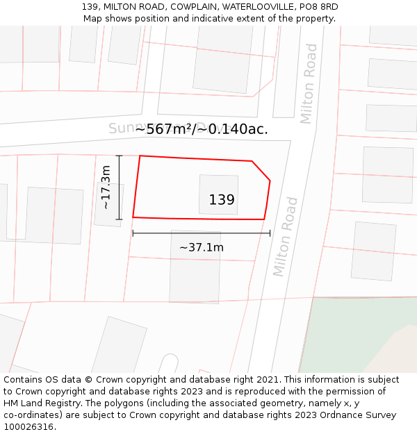 139, MILTON ROAD, COWPLAIN, WATERLOOVILLE, PO8 8RD: Plot and title map