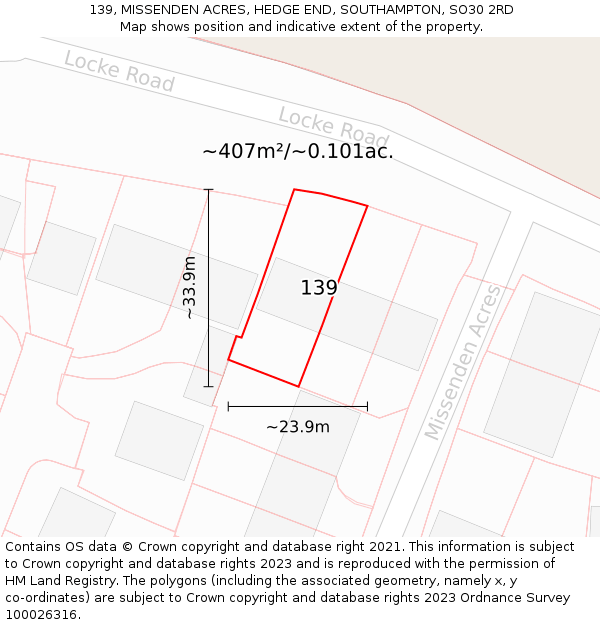 139, MISSENDEN ACRES, HEDGE END, SOUTHAMPTON, SO30 2RD: Plot and title map