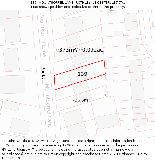 139, MOUNTSORREL LANE, ROTHLEY, LEICESTER, LE7 7PU: Plot and title map