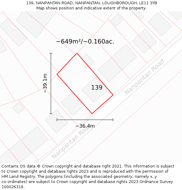 139, NANPANTAN ROAD, NANPANTAN, LOUGHBOROUGH, LE11 3YB: Plot and title map