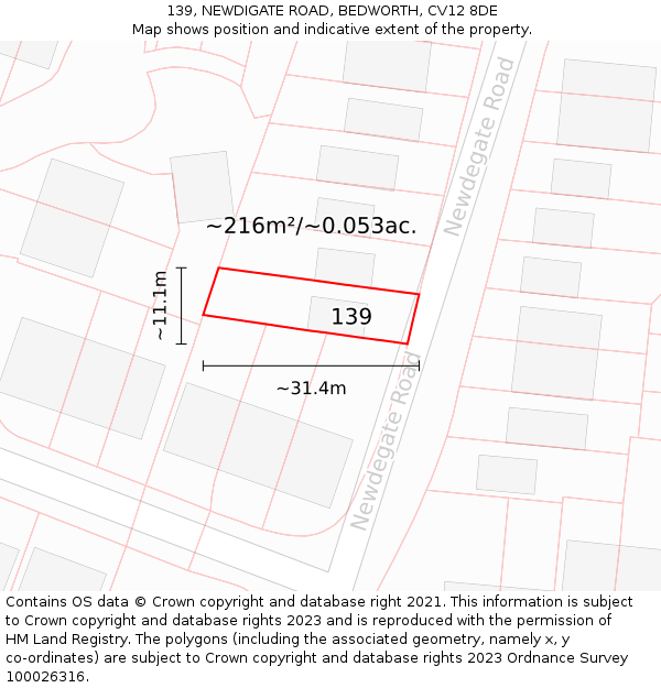 139, NEWDIGATE ROAD, BEDWORTH, CV12 8DE: Plot and title map