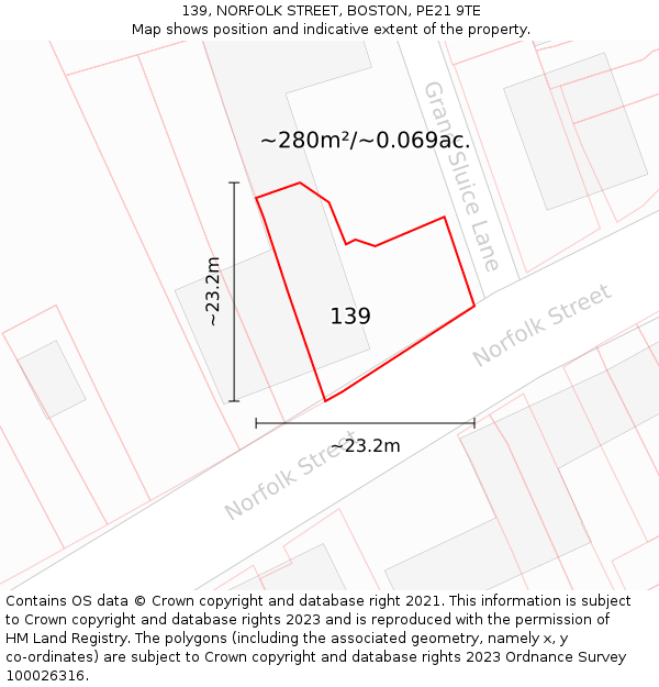 139, NORFOLK STREET, BOSTON, PE21 9TE: Plot and title map