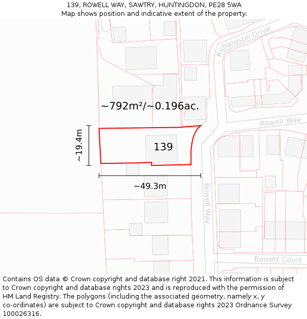 139, ROWELL WAY, SAWTRY, HUNTINGDON, PE28 5WA: Plot and title map